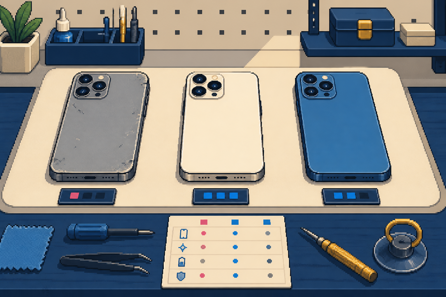 Pixel-art comparison of used, like-new, and refurbished phones